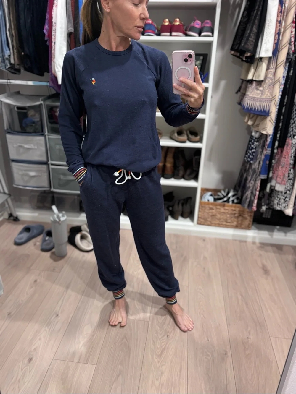 P.J. Salvage Navy Top with Rainbow Neck Stripe - Picture 1 of 8